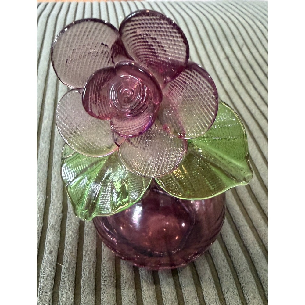 Hand Blown Glass Flower Vase Purple Rose Green Leaves Decorative Accent
